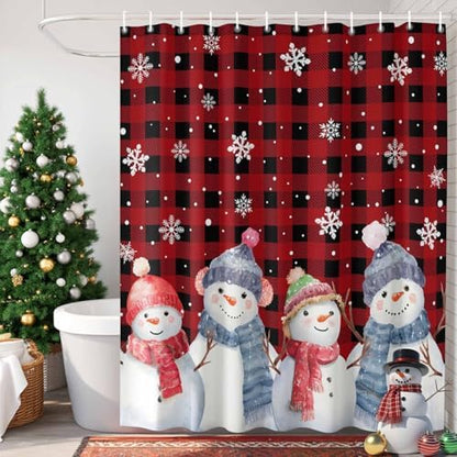 Christmas Snowman Shower Curtain Bathroom Set Red Black Buffalo Plaid Waterproof Shower Curtains with Grommets Hooks Xmas Snowflakes Privacy Bath Curtain for Bathtub Decor 72x78in