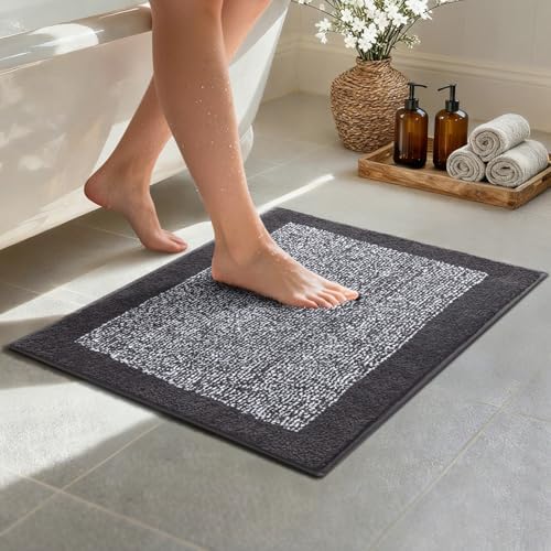 Bathroom Rugs 24x17 Non Slip Washable, Soft Absorbent Bath Mat Dark Grey