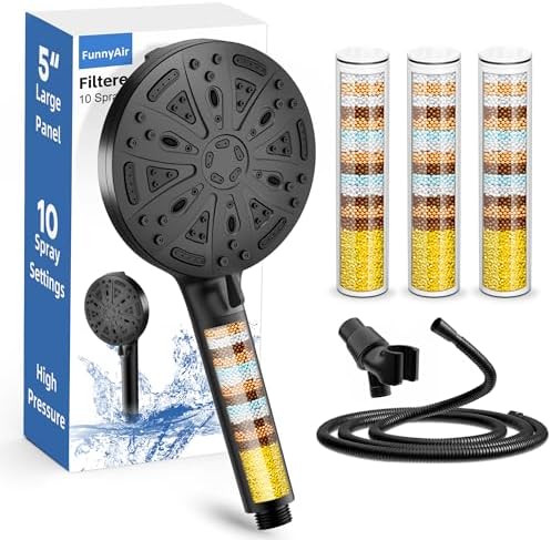 Black Filtered Shower Head Handheld, 3 Filters Hard Water Softener