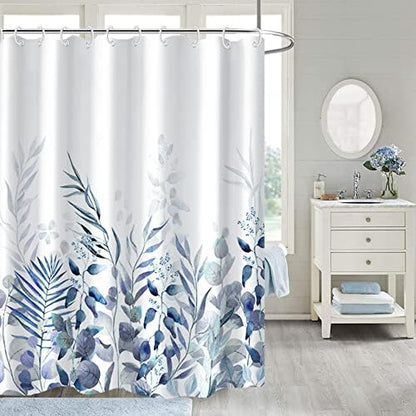 AWERT Shower Curtain Plants for Bathroom,Waterproof Quick-Drying Blue Leaves Shower Curtain Set with Hooks 72x72 Inch