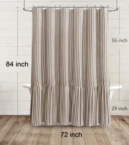 Farmhouse Shower Curtain Ruffle Linen Cream-Brown Stripe 72"W x 84"L