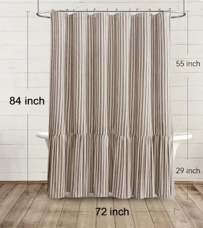 Farmhouse Shower Curtain Ruffle Linen Cream-Brown Stripe 72"W x 84"L