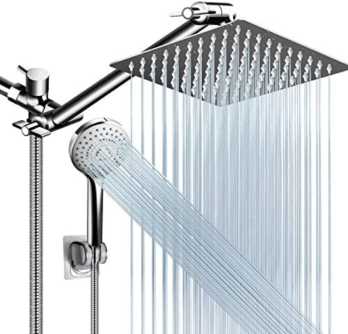 Shower Head Combo,8 Inch High Pressure Rain Shower Head with 11 Inch Adjustable Extension Arm and 5 Settings Handheld Shower Head Combo,Powerful Shower Spray Against Low Pressure Water with Long Hose