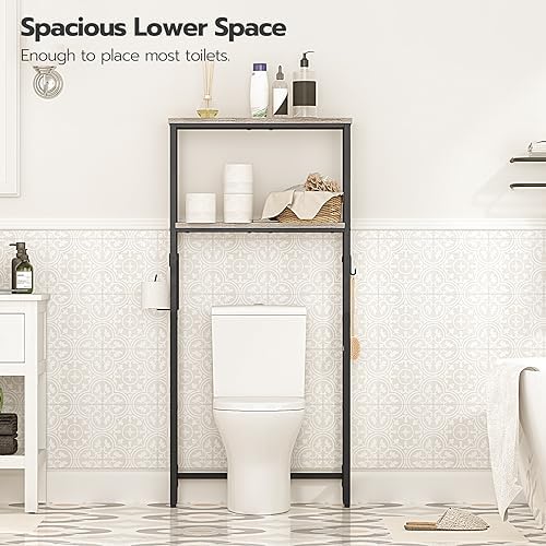HOOBRO Over-The-Toilet Storage,2-Tier Bathroom Organizer Over Toilet,Freestanding Bathroom Storage Shelves, with Toilet Paper Holder and Hooks,Space Saver, Greige and Black BG49TS01