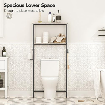 HOOBRO Over-The-Toilet Storage,2-Tier Bathroom Organizer Over Toilet,Freestanding Bathroom Storage Shelves, with Toilet Paper Holder and Hooks,Space Saver, Greige and Black BG49TS01