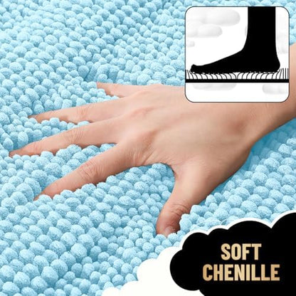 OLANLY Thick Bathroom Rugs 36x24, Soft Chenille Striped Bath Rugs, Sky Blue