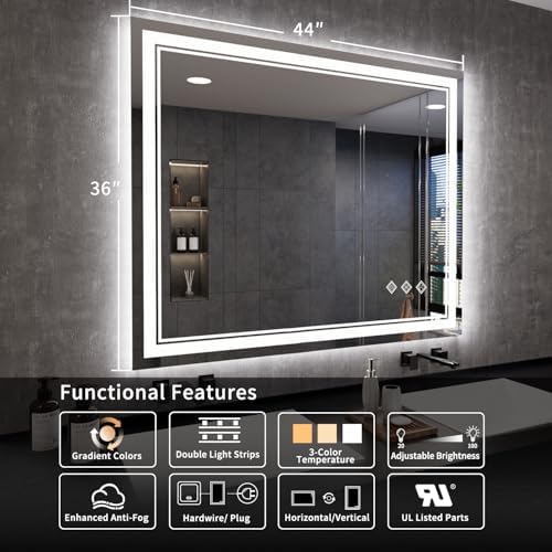 LED Mirror, 44x36 Inch Gradient Front and Backlit Lighted Mirror, 3 Colors Dimmable CRI>90 Double Lights, IP54 Enhanced Anti-Fog, Hanging Plates Bathroom Mirror with Lights