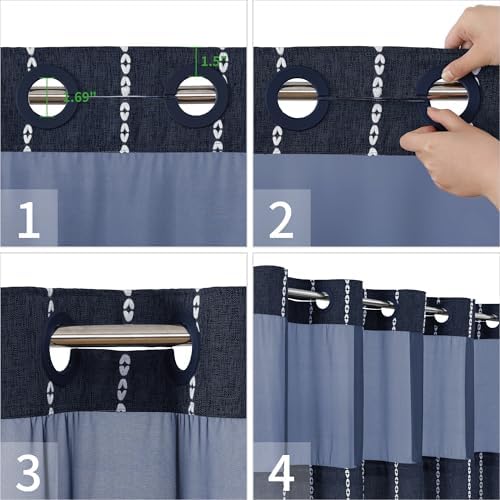 eachope Boho Farmhouse No Hook Shower Curtain with Liner,71x74,Navy Blue
