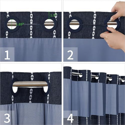 eachope Boho Farmhouse No Hook Shower Curtain with Liner,71x74,Navy Blue