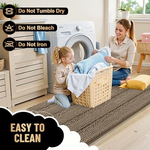 OLANLY Thick Bathroom Rugs 30x20, Soft Chenille Striped Bath Rugs, Tan