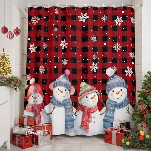 Christmas Snowman Shower Curtain Bathroom Set Red Black Buffalo Plaid Waterproof Shower Curtains with Grommets Hooks Xmas Snowflakes Privacy Bath Curtain for Bathtub Decor 72x72in
