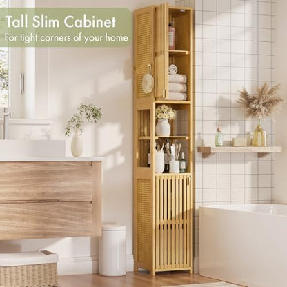 Amazer 70'' Tall Bathroom Storage Cabinet Bamboo, Narrow Storage Cabinet with Rattan Doors and Adjustable Shelves, Slim Freestanding Organizer for Living Room, Kitchen, Natural Color