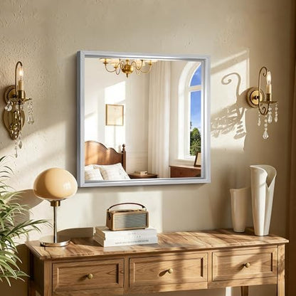 CIRCUMI 24"x24" Brushed Silver Bathroom Mirror, Square Mirror for Vanity