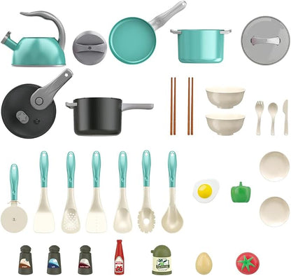 Bruvoalon 32Pcs Kids Play Kitchen Toys Set, Toddlers Pretend Cooking Playset Acccessories with Pots Pans, Utensils Cookware, Foods, Canned Veges, Learning Gift for Kids Girls Boys (Green)