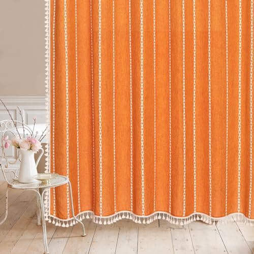 Farmhouse Tassel Linen Shower Curtain,3D Embroidery Stripe Orange,36x72