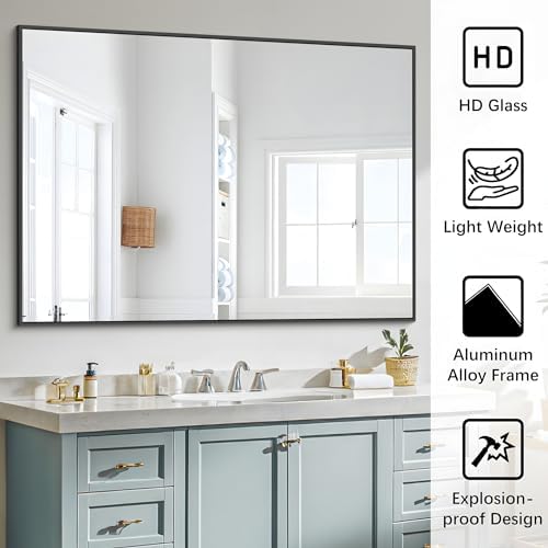 COFENY Black Bathroom Mirror, 48"X36" Rectangle Mirrors for Wall Metal Frame, Modern Vanity Wall Mirror for Bathroom Living Room, Entryway Hangs Horizontal or Vertical