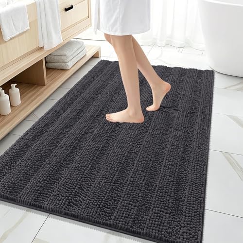 OLANLY Thick Large Bathroom Rugs 59x35, Soft Chenille Bath Rugs, Dark Grey