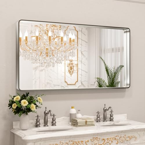 LOAAO 55X30 Inch Brushed Nickel Bathroom Mirror, Rounded Rectangle Silver Metal Frame Mirror, Brushed Nickel, Anti-Rust, Shatter Proof, Hangs Horizontally or Vertically
