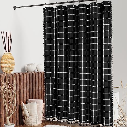 Boho Farmhouse Classic Plaid Linen Tassel Shower Curtain Black,72x78