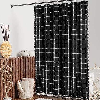 Boho Farmhouse Classic Plaid Linen Tassel Shower Curtain Black,72x72