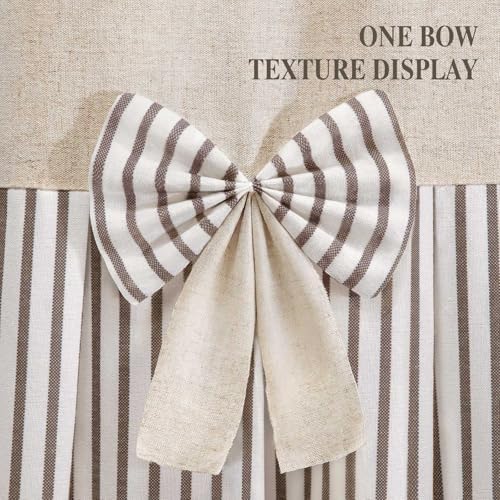 Farmhouse Shower Curtain Linen Bow Pleated Brown Stripe 72"W x 72"L
