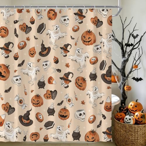 Halloween Cute Skull Ghost Shower Curtain for Bathroom 72W*72H Inch Gothic Witch Scary Magic Horror Pumpkin Bathtub Alchemy Witchcraft Decor Waterproof Polyester Fabric Set with 12 Hooks