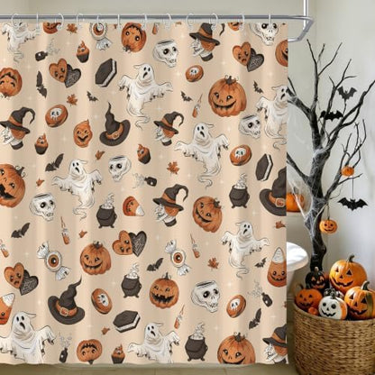 Halloween Cute Skull Ghost Shower Curtain for Bathroom 72W*72H Inch Gothic Witch Scary Magic Horror Pumpkin Bathtub Alchemy Witchcraft Decor Waterproof Polyester Fabric Set with 12 Hooks