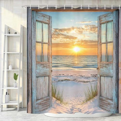 Beach Coastal Shower Curtain, Ocean Barn Door Nautical Sunrise Seaside Seascape Wave Decor Bath Curtains, Rustic Wood Teal Turquoise Bathroom Accessories Fabric Waterproof with Hooks, 72X84in