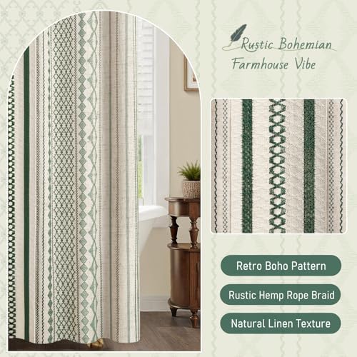 Dark Green Boho Linen Shower Curtain,72" W x 72" L