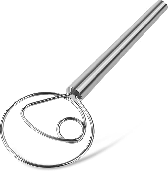 Danish Dough Whisk Stainless Steel Dough Hook Dutch Whisk for Sourdough Bread Dough Mixer Hand Wooden Handle Kitchen Whisking Mixing Tool Bread Making Tools and Supplies (Stainless Steel 1-eye)