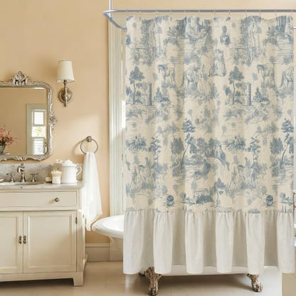 ORTIGIA Ruffle Linen Shower Curtain with Metal Hooks 72x72 Inch, Blue and White Toile de Jouy for Vintage French Country Waterproof Bathroom Decor Chateau Toile Pattern