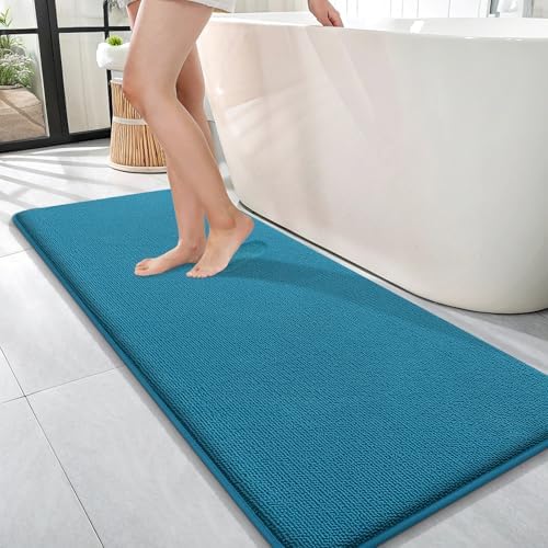 OLANLY Memory Foam Bathroom Runner Rugs 47x17, Long Bath Mats, Peacock Blue