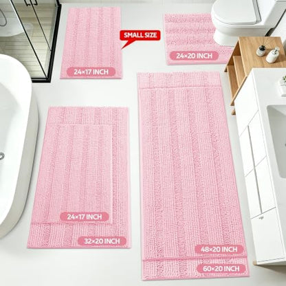 ACCUMTEK Christmas Striped Pink Bathroom Rug Mat Set 2 piece 32"x20"+60"x20" Ultra Soft, Non Slip Chenille Bath Rugs, Absorbent Plush Shaggy Bath Mats for Bathroom, Bedroom, Kitchen, Shower, Tub