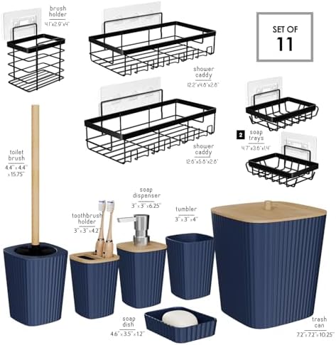 Clara Clark Bathroom Set - Navy Blue Bathroom Accessories Set, 6PC Bathroom Accessory Set, Bathroom Sets with Adhesive Corner Shower Caddy Hanging, Toilet Brush, Trash Can & Soap Dispenser
