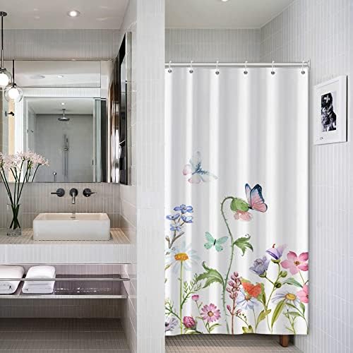 AWERT Small Half Size Stall Shower Curtain with 6 Hooks 36 inch Shower Stall Curtain 36 x 72 Butterfly Wildflowers for Bathroom/RV and Camper (Butterfly)