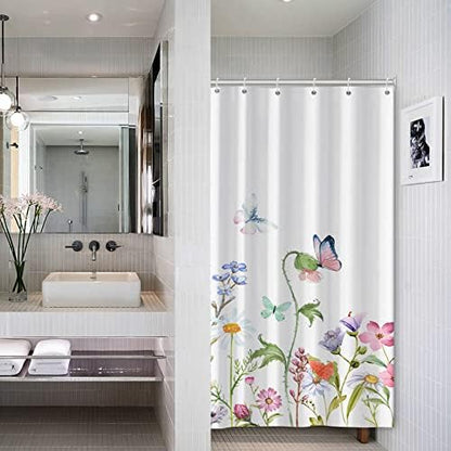AWERT Small Half Size Stall Shower Curtain with 6 Hooks 36 inch Shower Stall Curtain 36 x 72 Butterfly Wildflowers for Bathroom/RV and Camper (Butterfly)