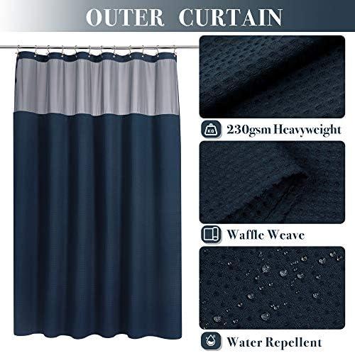 N&Y HOME Waffle Weave Shower Curtain with Snap-in Liner Set Navy, 71x72