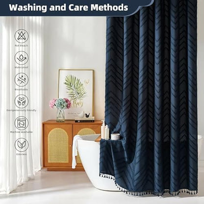 Siiluminisoy Extra Long Shower Curtains 72 x 84 Inches Tufted Chevron Navy Blue Shower Curtains Fabric for Bathroom Modern Shabby Chic Waterproof Cloth Shower Curtain