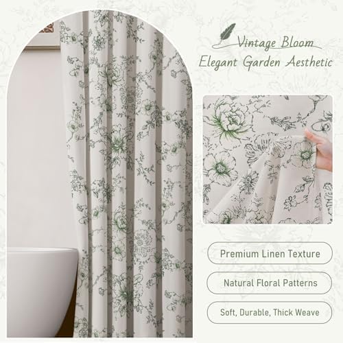 Farmhouse Floral Vintage Shower Curtain for Bathroom, Green and White