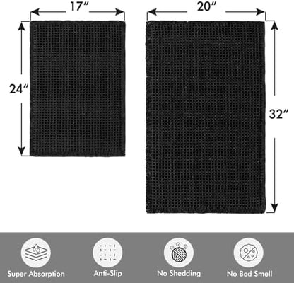 MIULEE Set of 2 Waffle Bathroom Rugs Boho Bath Mat Black 17"x24"+20"x32"