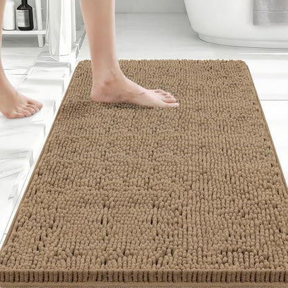 Bcoimo Bath Rug Mat,36x24 Chenille Non Slip Tan Bathroom Floor Shower Mats
