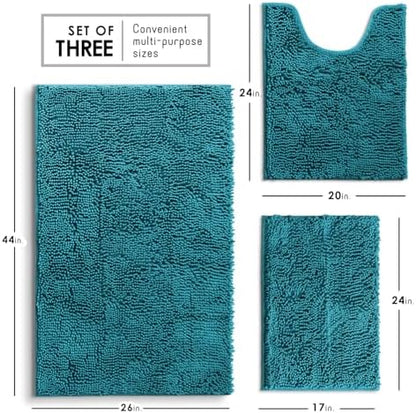 Hearth & Harbor Bathroom Rugs, Chenille Bath Mat - Machine Washable Bath Mats for Bathroom Non-Slip Backing Rubber, Quick Dry Mat - Teal Blue Bath Rug, 17x24-26x44-20x24