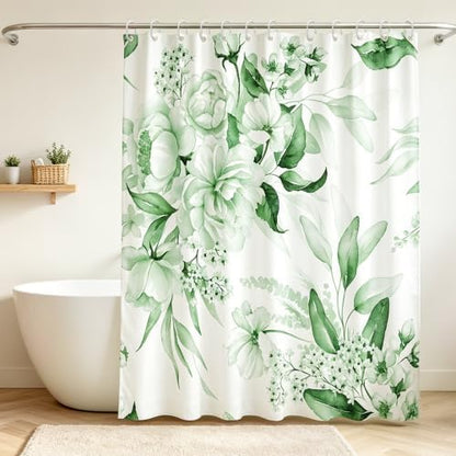 Floral Flower Green Shower Curtain with 12 Hooks,120GSM 72x72