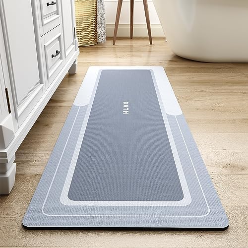 MontVoo-Bath Mat Rug Runner Long Bathroom Mat Non Slip Super Absorbent Stain Resistant Quick Dry Thin Bathroom Rug Fit Under Door-Bath Mats for Bathroom Floor Bathtub Vanity-Bathmat 17"x50" Blue