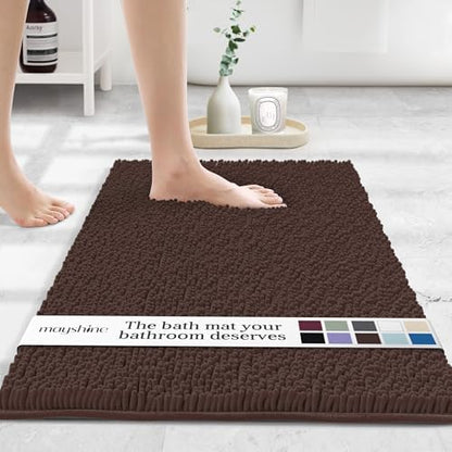 MAYSHINE Small Plush Shaggy Chenille Bath Mat 24"x17" Extra Soft, Super Absorbent, Non-Slip Bathroom Rug | Fluffy Microfiber, Area Rug Sets for Bathroom Floor, Kitchen, Living Room | Brown