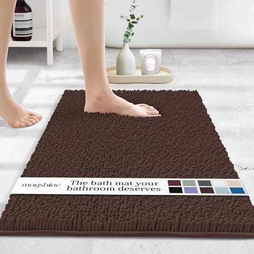 MAYSHINE Small Plush Shaggy Chenille Bath Mat 23"x14" Extra Soft, Super Absorbent, Non-Slip Bathroom Rug | Fluffy Microfiber, Area Rug Sets for Bathroom Floor, Kitchen, Living Room | Brown