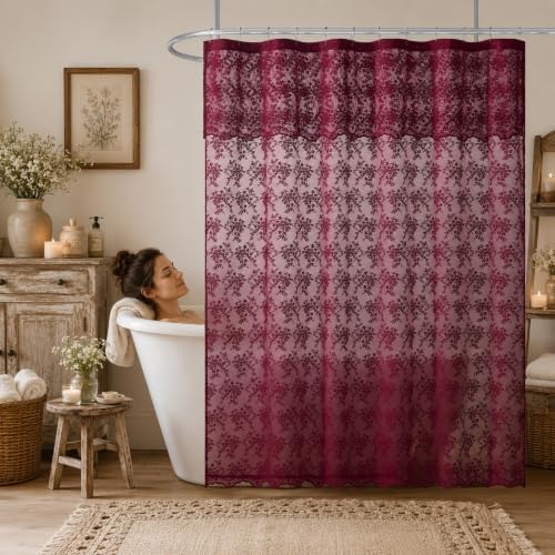 TUDECO Dark Red Lace Shower Curtain with Attached Valance, 72W x 84L Inch