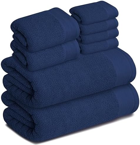 Tens Towels Pack of 8 Popcorn Textured Luxury Towels Set, 2 Extra Large Bath, 2 Hand, 4 Washcloths, 100% Cotton, Plush Hotel Quality, Super Absorbent, Perfect for Your Bathroom, Navy