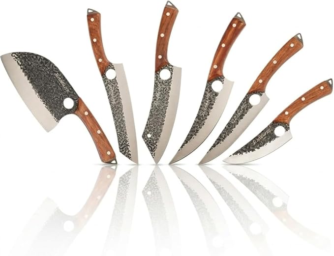 SliceElite Hand-Forged Professional Butcher Knife (6 PC SET WITH AFRICAN PEAR WOOD HANDLES)