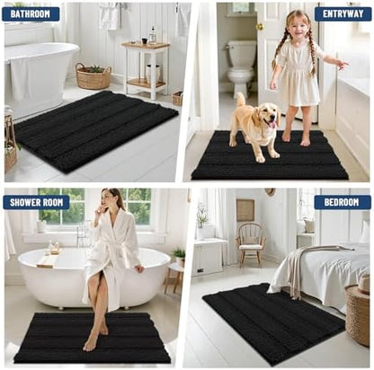 Grandaily Chenille Striped Bathroom Rugs 47x17, Extra Thick and Soft Absorbent Bath Mats, Rubber Backing, Plush Shaggy Shower Carpet, Machine Wash Dry, Bath Rug for Bathroom, Deep Black
